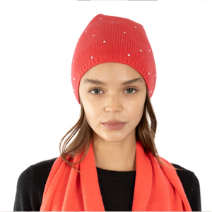 Cashmere Slouchy Beanie w. Scattered Swarovski Crystals - Cherry