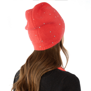 Cashmere Slouchy Beanie w. Scattered Swarovski Crystals - Cherry