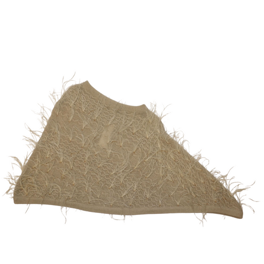 Cashmere Asymmetrical Crewneck Cable Knit Poncho w. Feathers All Over
