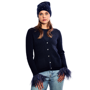 Cashmere Feather Cuff Cardigan - Black