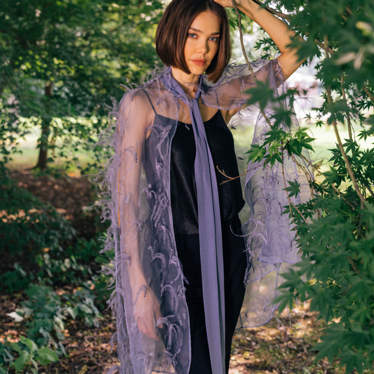 Silk Organza Cape w. Scattered Ostrich Feathers