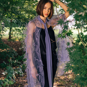 Silk Organza Cape w. Scattered Ostrich Feathers