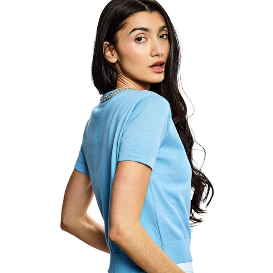 Cotton Cashmere Short Sleeve Cardigan with Embellished Neckline - Light Blue