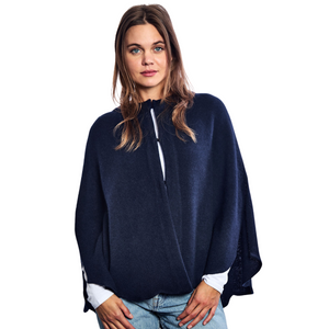 Cashmere Open Front Scallopped Cape w. Side Slits & Ombre Starburst - Navy