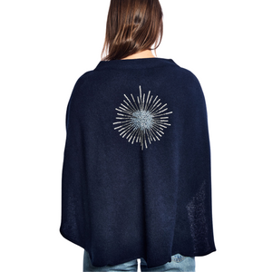 Cashmere Open Front Scallopped Cape w. Side Slits & Ombre Starburst - Navy