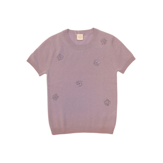 Cashmere Short Sleeve Sweater with Crystal Evil Eye Embellishment