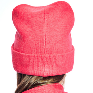 Cashmere Cuffed Beanie w. Heart Cutout & Beaded Crystal Embellishment - Cherry