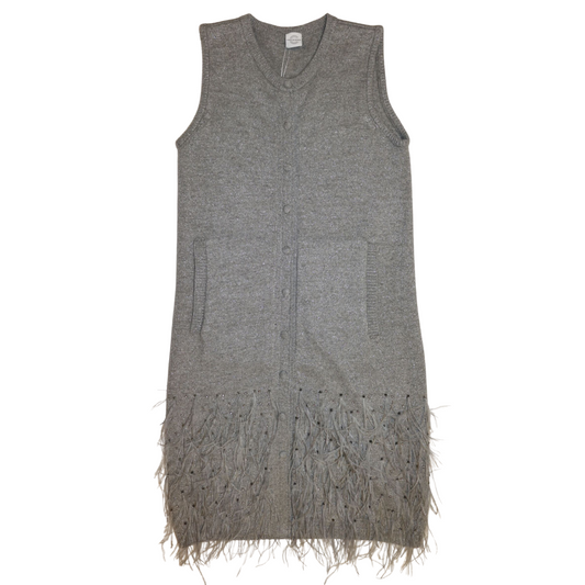 Long Metallic Cashmere & Lurex Vest w. Embroidered Feathers & Sequin Trim