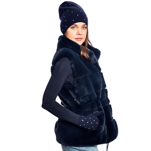 Faux Mink Sleeveless Vest with Drawstrings - Navy