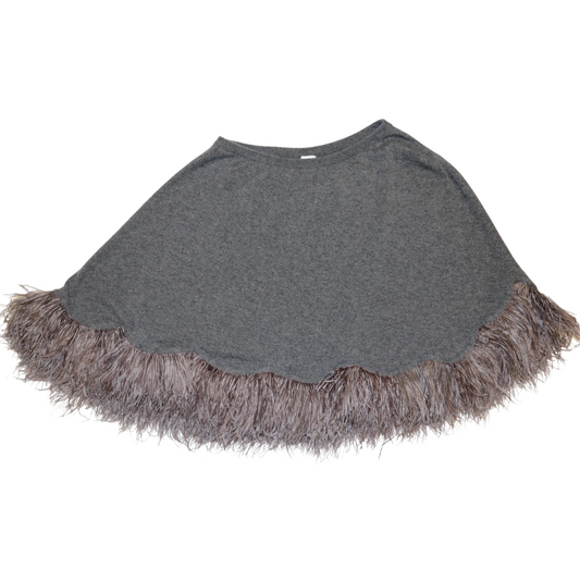 Cashmere Asymmetrical Scalloped One Shoulder Poncho w. Feathers