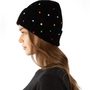 Cashmere Ribbed Beanie w. Multicolor Crystals