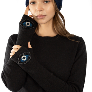 Cashmere Long Fingerless Gloves w. Beaded Evil Eye - Black