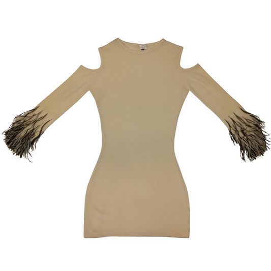 Cashmere Shoulder Cutout Short Dress w. Ostrich Feather & Bead Embellishment