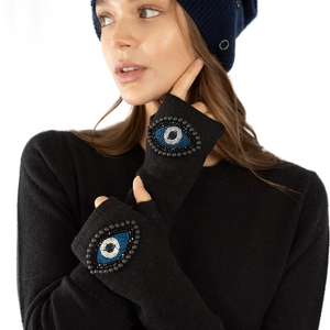 Cashmere Long Fingerless Gloves w. Beaded Evil Eye - Black