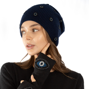 Cashmere Ribbed Long Beanie w. Hand Embroidered Evil Eyes