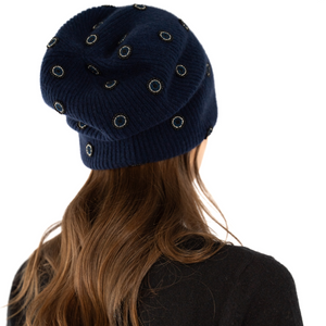 Cashmere Ribbed Long Beanie w. Hand Embroidered Evil Eyes