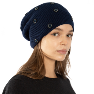 Cashmere Ribbed Long Beanie w. Hand Embroidered Evil Eyes