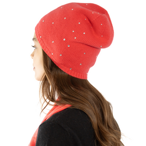 Cashmere Slouchy Beanie w. Scattered Swarovski Crystals - Cherry