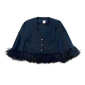 Silk Cotton V Neck Shirt Cape w. Ostrich Feathers