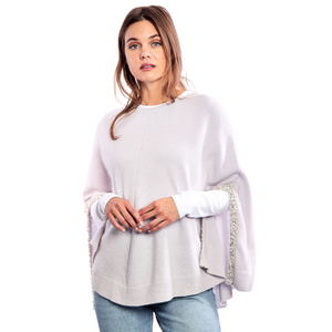 Cashmere Cape with Side Slits and Beaded Pearl & Crystal Edge - Pearl