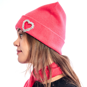 Cashmere Cuffed Beanie w. Heart Cutout & Beaded Crystal Embellishment - Cherry