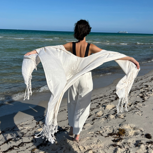 Linen Cover Up Wrap with Fringe and Beaded Sunburst