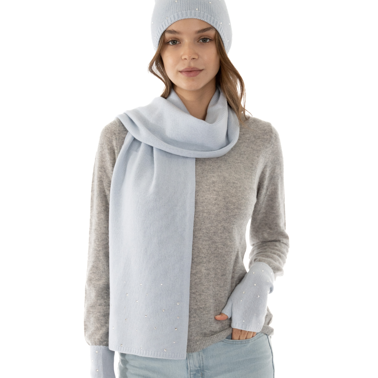 Cashmere Long Scarf w. Swarovski Scattered Crystal Edges - Cloud Blue
