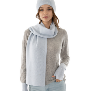 Cashmere Long Scarf w. Swarovski Scattered Crystal Edges - Cloud Blue