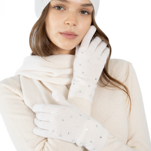 Cashmere Full Finger Cashmere Gloves w. Swarovski Scattered Crystals - Bleached White