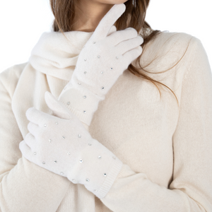 Cashmere Full Finger Cashmere Gloves w. Swarovski Scattered Crystals - Bleached White