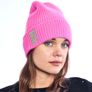 Cashmere ribbed knit cuffed rapper hat with crystal tab - Hot Pink