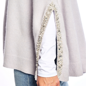 Cashmere Cape with Side Slits and Beaded Pearl & Crystal Edge - Pearl