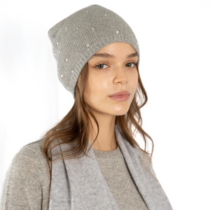 Cashmere Slouchy Beanie w. Scattered Swarovski Crystals - Foggy