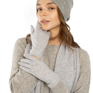 Cashmere Full Finger Cashmere Gloves w. Swarovski Scattered Crystals - Light Heather Grey