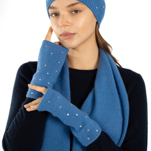 Cashmere Short Fingerless Gloves w. Swarovski Crystals - Cobalt Blue