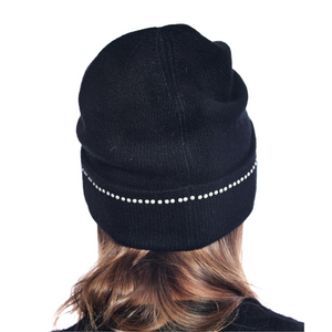 Cashmere Cuffed Beanie w. Pearl Embellishment -  Black