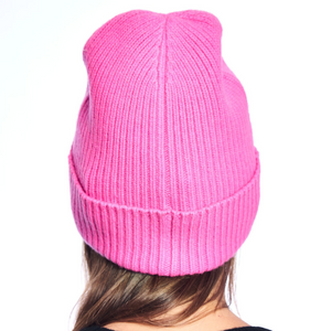 Cashmere ribbed knit cuffed rapper hat with crystal tab - Hot Pink