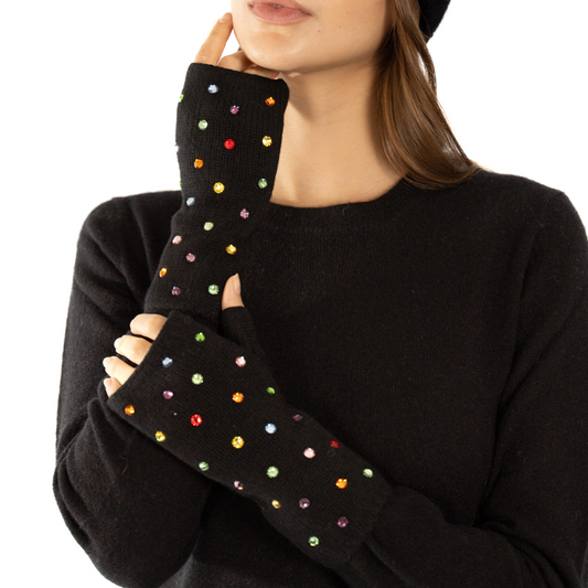 Cashmere Short Fingerless Gloves w. Multicolor Crystals