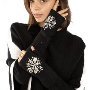 Cashmere short Fingerless Gloves w. Beaded Starburst - Black