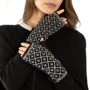 Cashmere Short Fingerless Gloves w. Pearl Grid - Black