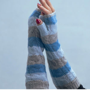 3 Color Stripe Long Fingerless Cable Knit Gloves