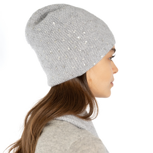 Tweeded Cashmere Sequins Beanie - Grey