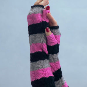 3 Color Stripe Long Fingerless Cable Knit Gloves