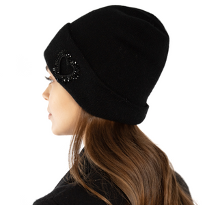 Cashmere Jersey Cuffed Beanie w. Heart Cutout & Beaded Crystal Embellishment - Black