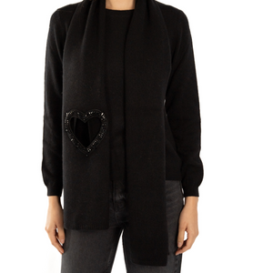 Cashmere Scarf w. Heart Cutout & Crystal Embellishment - Black