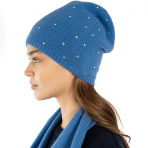 Cashmere Slouchy Beanie w. Scattered Swarovski Crystals - Cobalt Blue