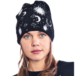 Merino Beanie with Sun and Moon Embroidery