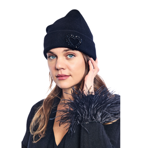 Cashmere Jersey Cuffed Beanie w. Heart Cutout & Beaded Crystal Embellishment - Black