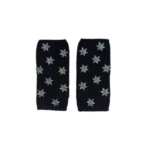 Short Fingerless Merino Gloves w. Flowers All Over & Crystal Center