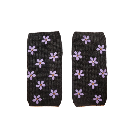 Merino Ribbed Gloves with Embroidered Daisies